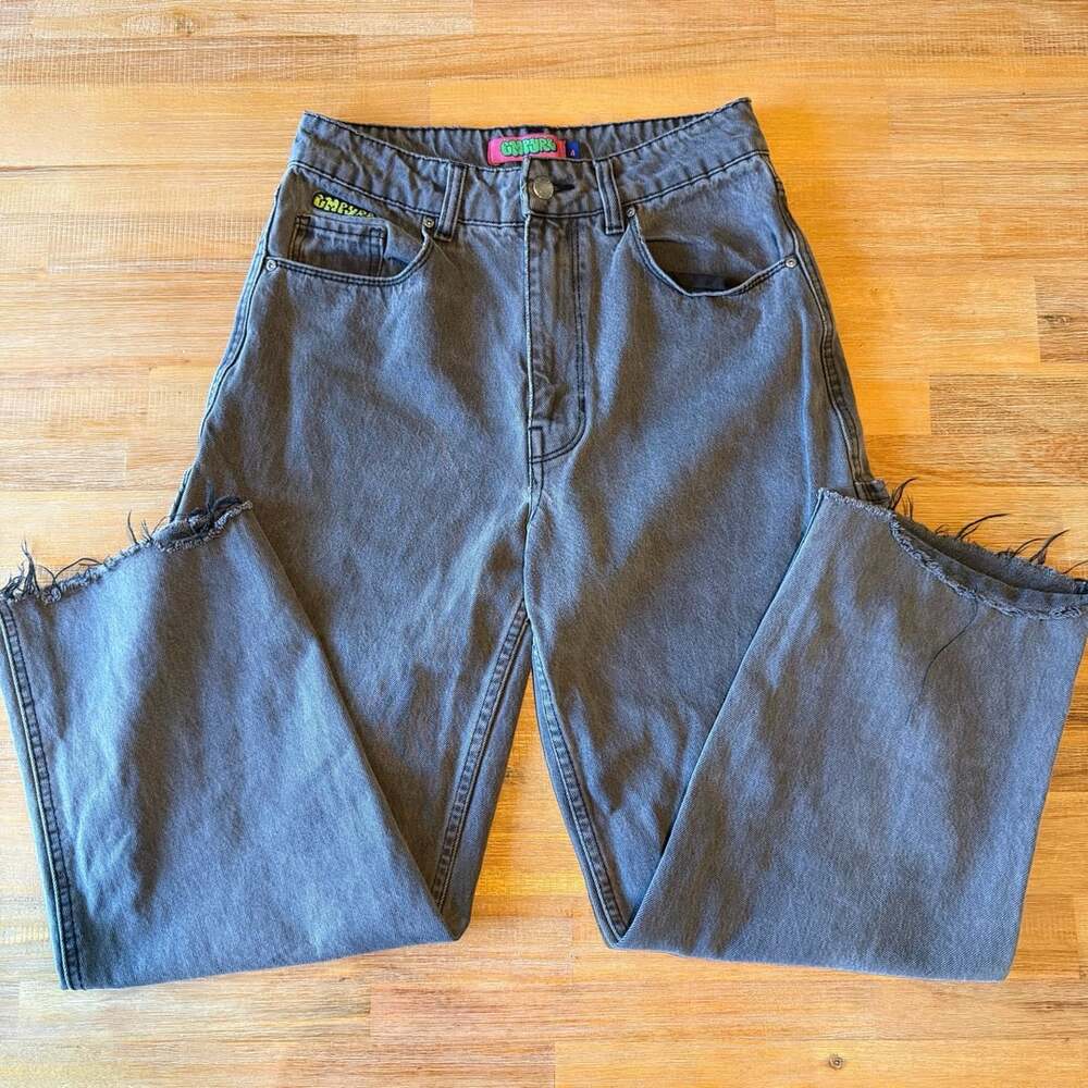 Empyre Tori Faded Black Gray Semi Baggy Carpenter Wide Leg Jeans with Raw Hem